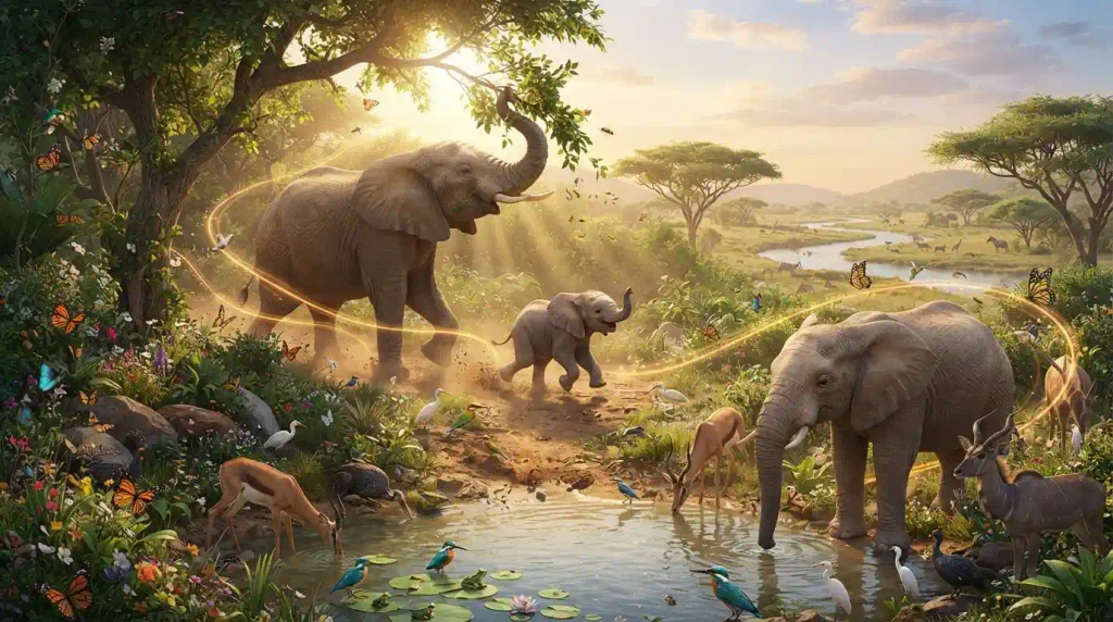 Fun elephant facts explaining how elephants support their ecosystem and help other wildlife