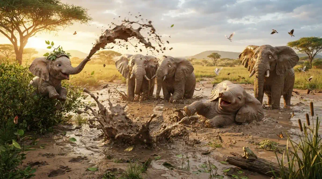 Fun elephant facts showing elephants enjoying bath time and playful mud activities