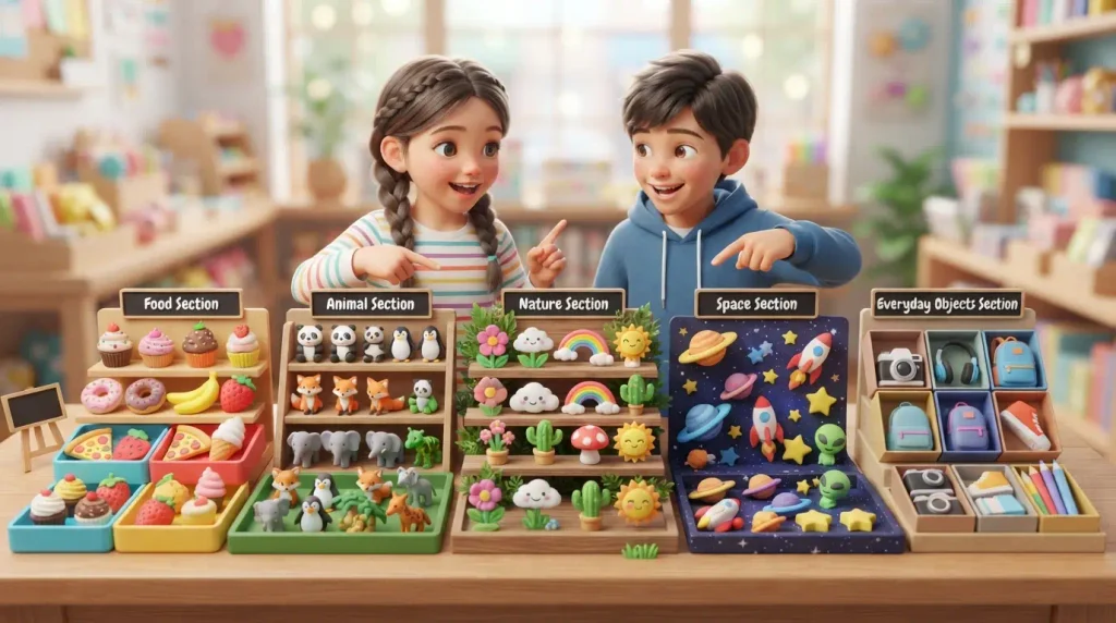 Fun erasers featuring popular creative categories, playful shapes, and colorful designs
