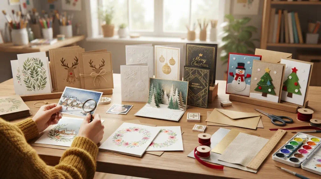 Fun holiday cards comparing creative styles, paper materials, and festive designs