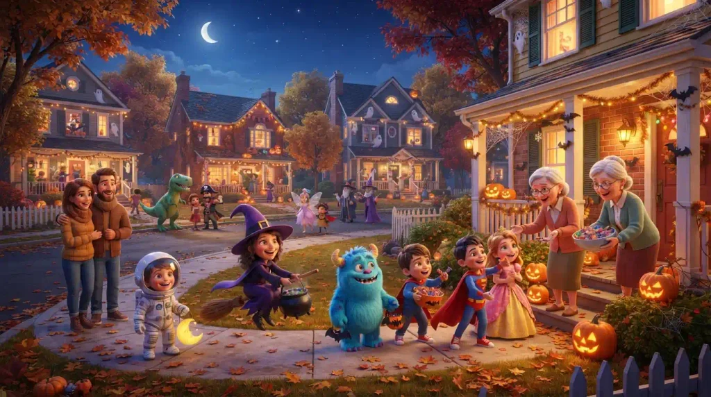 Trick-or-treating traditions with children collecting sweet Halloween treats